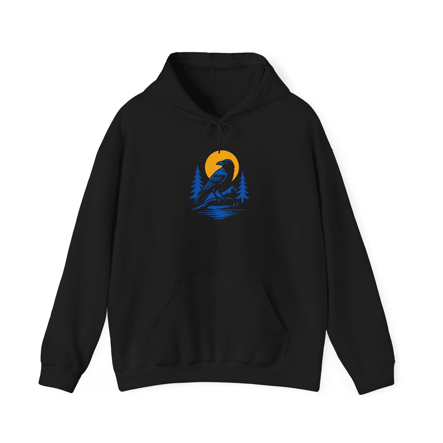 Nature-Inspired Unisex Hoodie with Raven & Sun Design