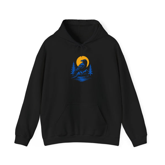Nature-Inspired Unisex Hoodie with Raven & Sun Design