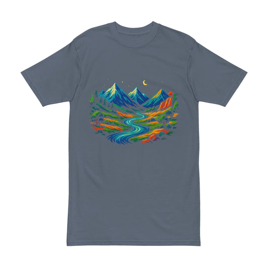Men's Heavyweight Tee - Vibrant Mountain River Scene - Nature-Inspired Outdoor Shirt