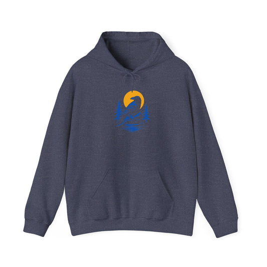 Nature-Inspired Unisex Hoodie with Raven & Sun Design