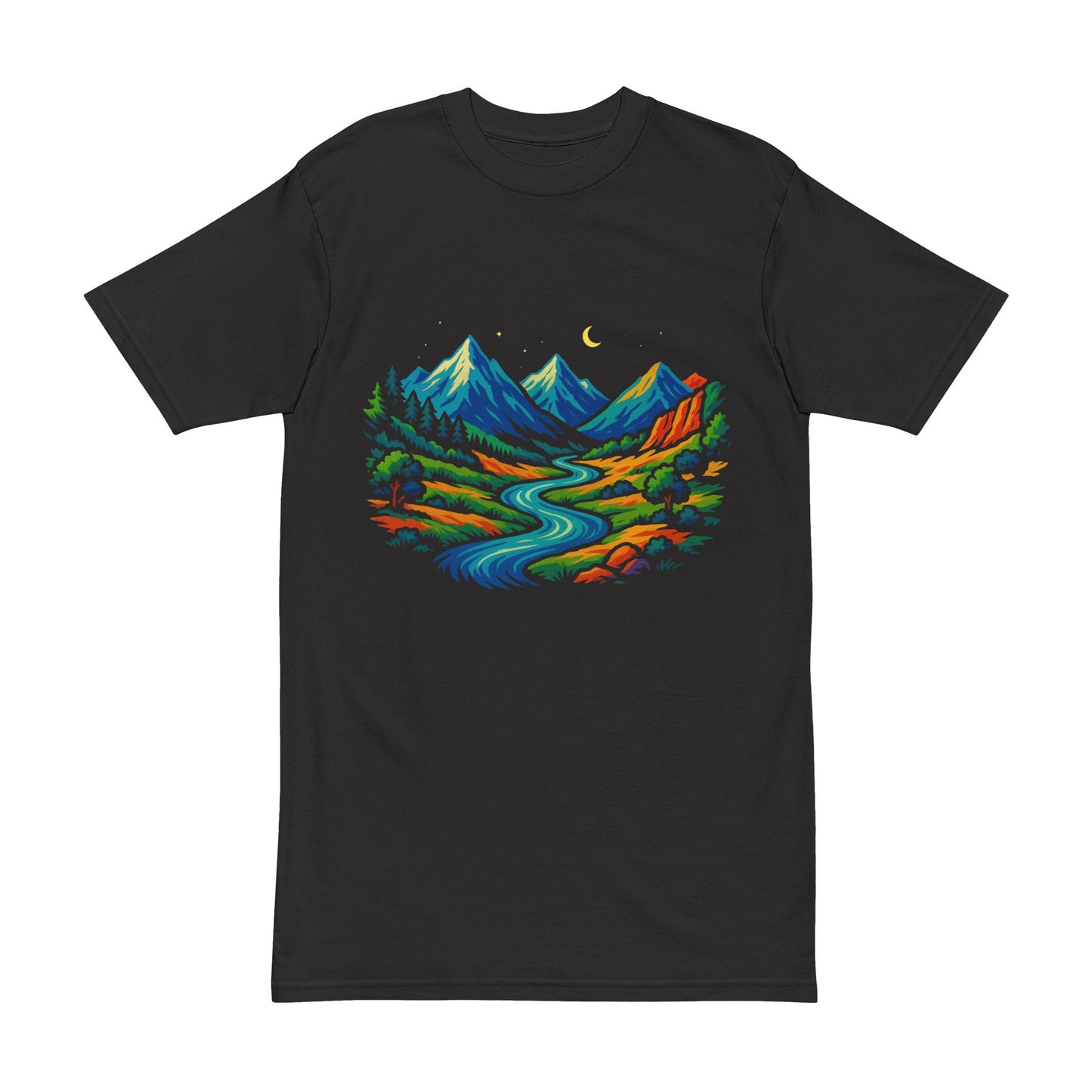Men's Heavyweight Tee - Vibrant Mountain River Scene - Nature-Inspired Outdoor Shirt
